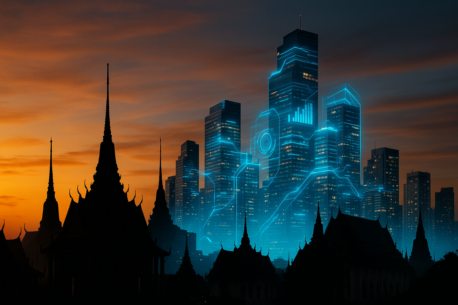 一张合成图片，前景是泰国大皇宫等著名地标建筑的轮廓剪影，中景是现代化的城市建筑群，这些建筑的外立面有流动的科技光效和数据可视化图表叠加。背景是黄昏的天空。风格是宏伟的建筑摄影与数字科技的融合