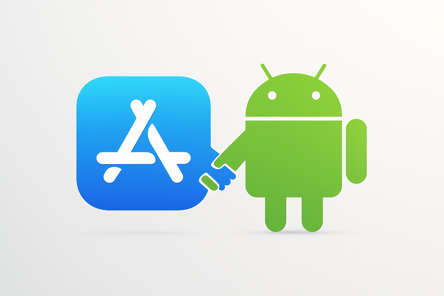 一个更现代、更直接的做法是，将 ​iOS的App Store图标​ 和 ​Android的机器人头像​ 以平等、对称的方式（如握手、并排）组合在一起，清晰无误地传达“全平台兼容”信息